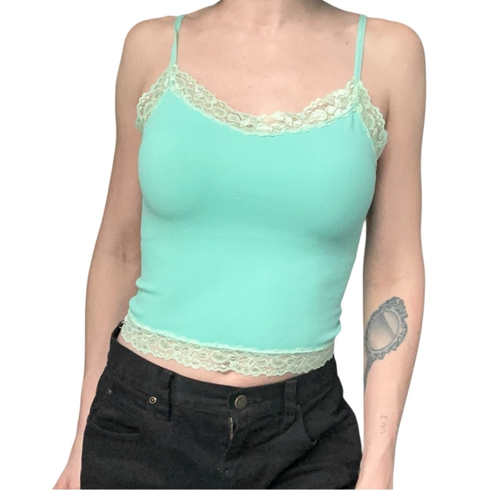 Lace trim camisole tank top - seafoam/mint green